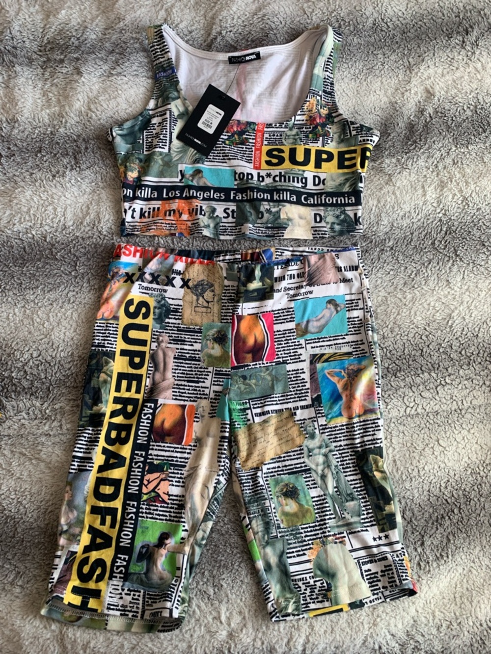 4/$30 Graphic Newspaper-Print Crop Tank and Biker Shorts Set - Multicolor